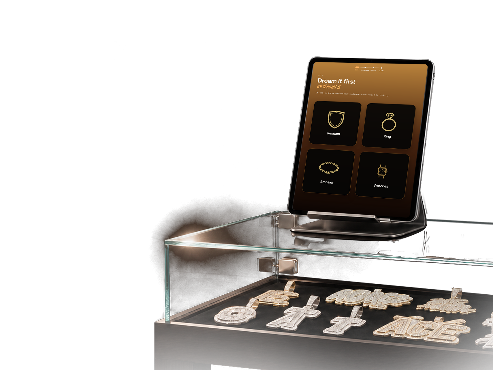 Custom pendant design app displayed in a jewelry studio case